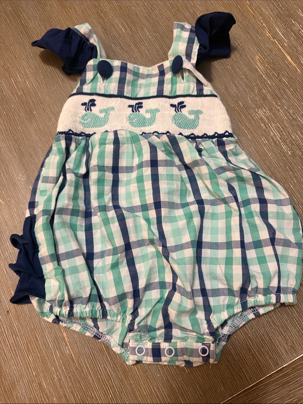 Smocked Whale Plaid Baby One-Piece in Mint & Navy